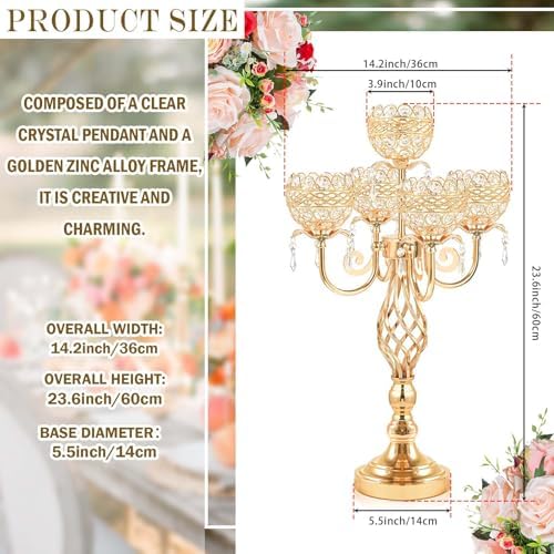 Crystal Candelabra Centerpiece, 5-Light Gold Metal Stand with Hanging Crystals, Decorative Wedding Table Holder, alternate