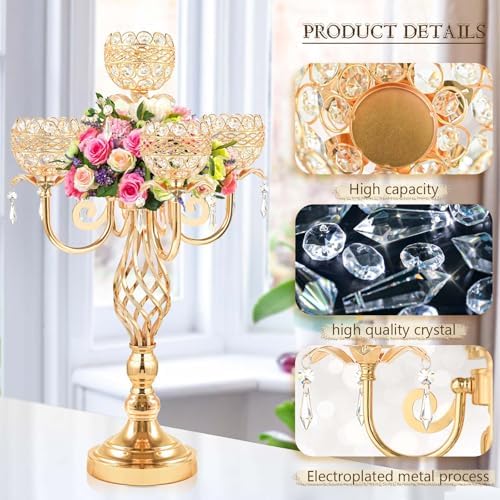 Crystal Candelabra Centerpiece, 5-Light Gold Metal Stand with Hanging Crystals, Decorative Wedding Table Holder, alternate