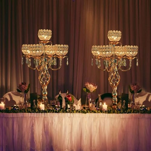 Crystal Candelabra Centerpiece, 5-Light Gold Metal Stand with Hanging Crystals, Decorative Wedding Table Holder, alternate