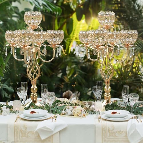 Crystal Candelabra Centerpiece, 5-Light Gold Metal Stand with Hanging Crystals, Decorative Wedding Table Holder, alternate