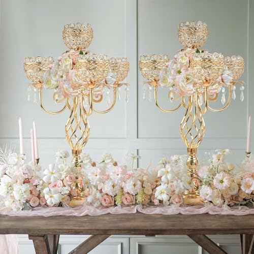 Crystal Candelabra Centerpiece, 5-Light Gold Metal Stand with Hanging Crystals, Decorative Wedding Table Holder, alternate