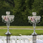 Crystal Candelabra Centerpiece, 5-Light Gold Metal Stand with Hanging Crystals, Decorative Wedding Table Holder