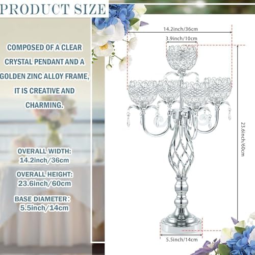 Crystal Candelabra Centerpiece, 5-Light Gold Metal Stand with Hanging Crystals, Decorative Wedding Table Holder, alternate