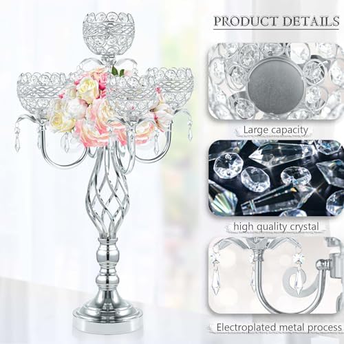 Crystal Candelabra Centerpiece, 5-Light Gold Metal Stand with Hanging Crystals, Decorative Wedding Table Holder, alternate