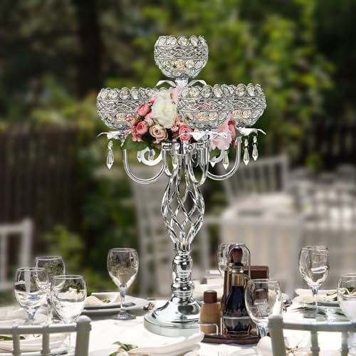 Crystal Candelabra Centerpiece, 5-Light Gold Metal Stand with Hanging Crystals, Decorative Wedding Table Holder, alternate