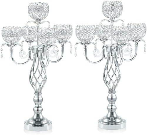 Crystal Candelabra Centerpiece, 5-Light Gold Metal Stand with Hanging Crystals, Decorative Wedding Table Holder, alternate