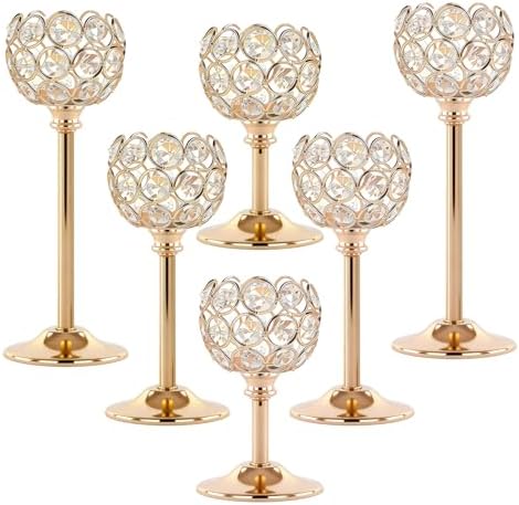 Crystal Candle Holders 2 Set of 6 - Gold Vintage Hollow Ball Candle Stand for Table Centerpiece, Crystal Metal