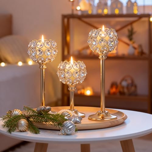 Crystal Candle Holders 2 Set of 6 - Gold Vintage Hollow Ball Candle Stand for Table Centerpiece, Crystal Metal, alternate