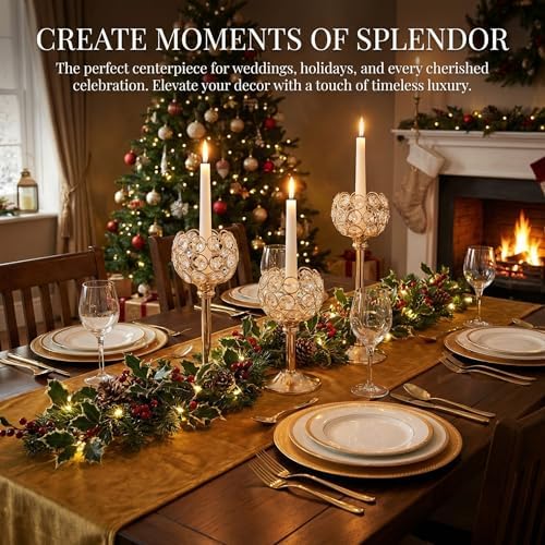 Crystal Candle Holders 2 Set of 6 - Gold Vintage Hollow Ball Candle Stand for Table Centerpiece, Crystal Metal, alternate