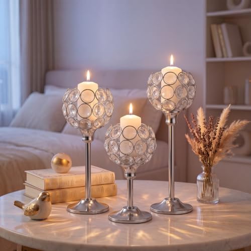 Crystal Candle Holders Silver Vintage Hollow Ball Candle Stand 3PCS in Silver, alternate view 6