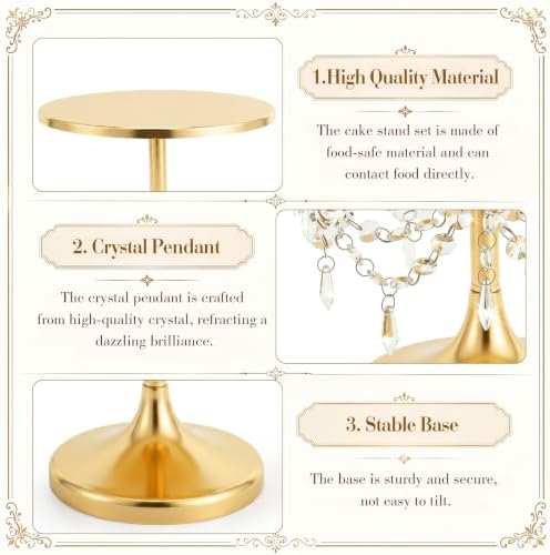 Crystal Gold Cake Stand, Metal Dessert Display Stand Set, 3 Pcs, 8"10"12" in gold, white, alternate view 5