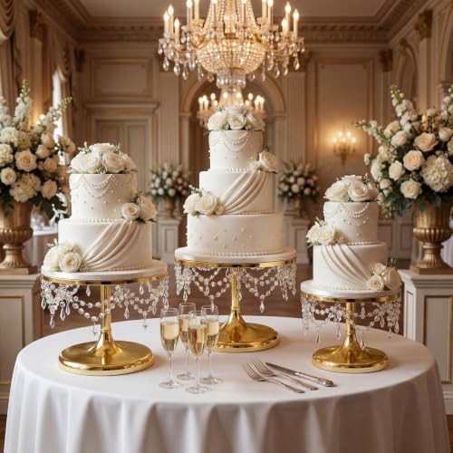Crystal Gold Cake Stand, Metal Dessert Display Stand Set, 3 Pcs, 8"10"12" in gold, white, alternate view 6