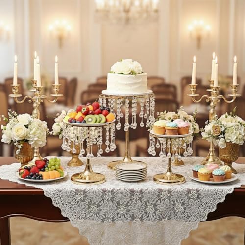 Crystal Gold Cake Stand with Elegant Pendant -Round Metal Dessert Cake Holders, Cupcake Stand for Birthday, alternate view 4