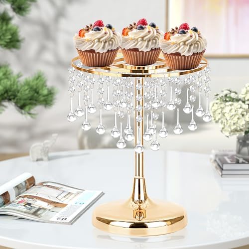 Crystal Gold Cake Stand with Elegant Pendant -Round Metal Dessert Cake Holders, Cupcake Stand for Birthday, alternate view 5
