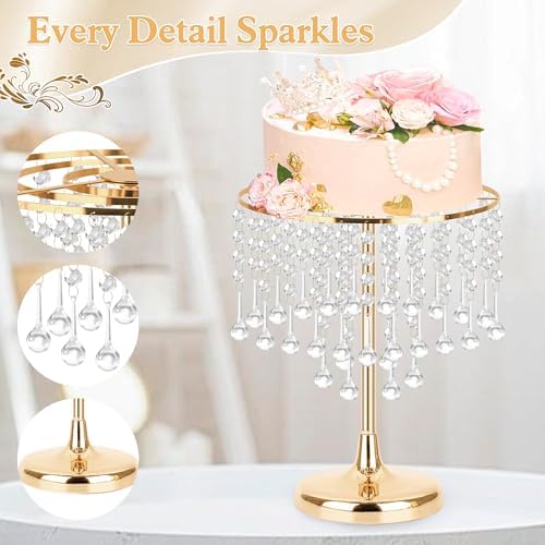 Crystal Gold Cake Stand with Elegant Pendant -Round Metal Dessert Cake Holders, Cupcake Stand for Birthday, alternate view 6