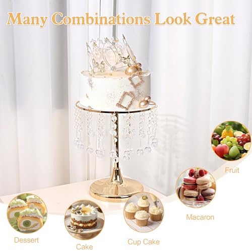 Crystal Gold Cake Stand with Elegant Pendant -Round Metal Dessert Cake Holders, Cupcake Stand for Birthday, alternate view 7