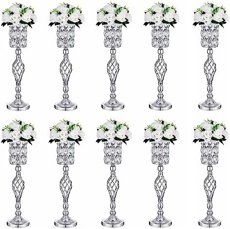 Crystal Wedding Centerpiece Vases for Tables - Set of 10 Metal Silver Vases, 24in Tall Versatile Flower Holders