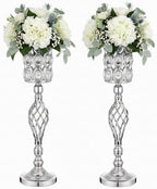 Crystal Wedding Centerpiece Vases for Tables - Set of 2 Metal Silver Vases, 24in Tall Versatile Flower Holders