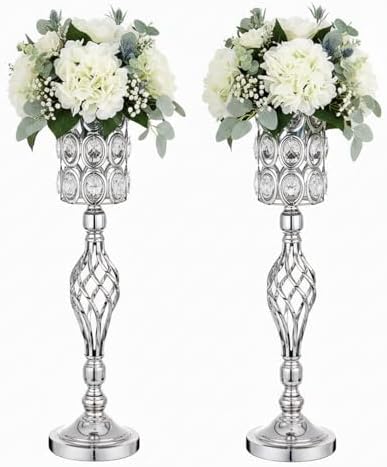 Crystal Wedding Centerpiece Vases for Tables - Set of 2 Metal Silver Vases, 24in Tall Versatile Flower Holders