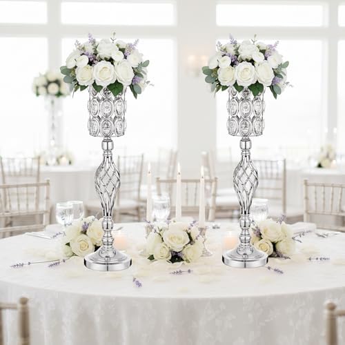 Crystal Wedding Centerpiece Vases for Tables - Set of 2 Metal Silver Vases, 24in Tall Versatile Flower Holders, alternate