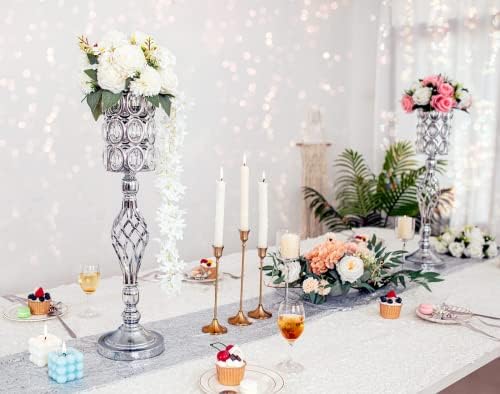 Crystal Wedding Centerpiece Vases for Tables - Set of 2 Metal Silver Vases, 24in Tall Versatile Flower Holders, alternate