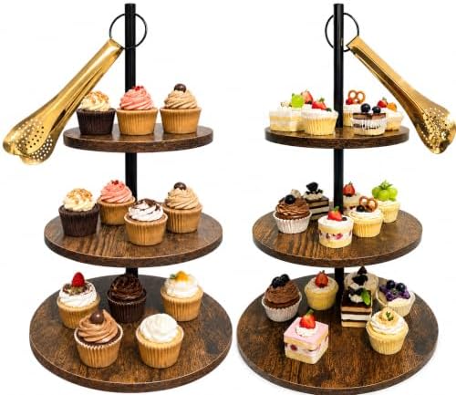 Cupcake Stand 2 Pack, Dessert Table Display Set with 3 Tier Serving Tray and Gold Serving Tongs, Wooden Cake