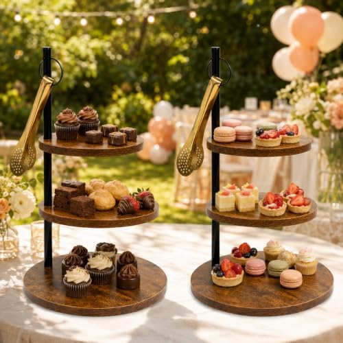 Cupcake Stand 2 Pack, Dessert Table Display Set with 3 Tier Serving Tray and Gold Serving Tongs, Wooden Cake, alternate view