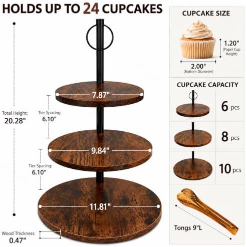 Cupcake Stand 2 Pack, Dessert Table Display Set with 3 Tier Serving Tray and Gold Serving Tongs, Wooden Cake, alternate view