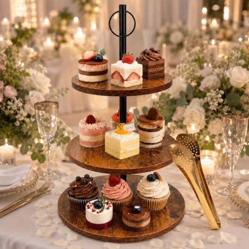 Cupcake Stand 2 Pack, Dessert Table Display Set with 3 Tier Serving Tray and Gold Serving Tongs, Wooden Cake, alternate view