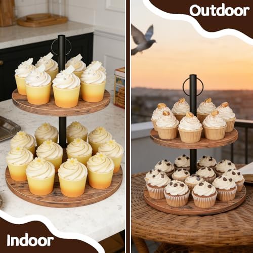 Cupcake Stand, 2 Pack Rustic Wood 2 Tier Cake Stand, Cupcake Tower in Rustic Brown, alternate view 4