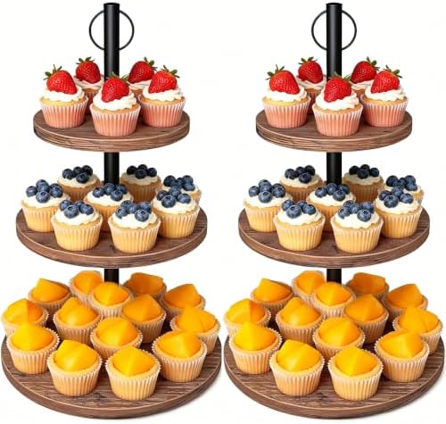 Cupcake Stand, 2 Pack Rustic Wood 3 Tier Cake Stand, Serving Tray in Rustic Brown