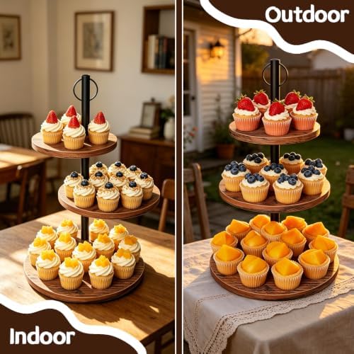 Cupcake Stand, 2 Pack Rustic Wood 3 Tier Cake Stand, Serving Tray in Rustic Brown, alternate view 4