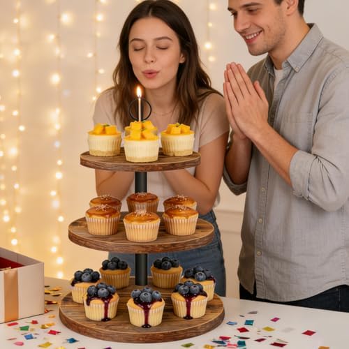 Cupcake Stand, 3 Tier Cake Stand Rustic Dessert Table Display Set, 3 Pack in Wood, alternate view 2