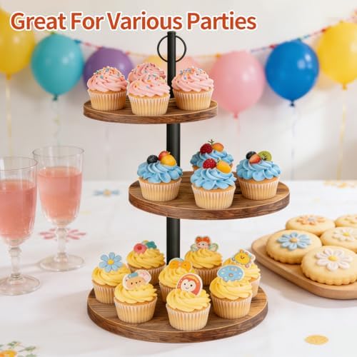 Cupcake Stand, 3 Tier Cake Stand Rustic Dessert Table Display Set, 3 Pack in Wood, alternate view 6