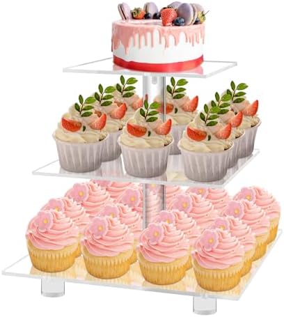 Cupcake Stand, 3 Tier, Clear Acrylic Cupcake Tower, Cupcake Display Stand for Dessert Table, Muffin Holder for