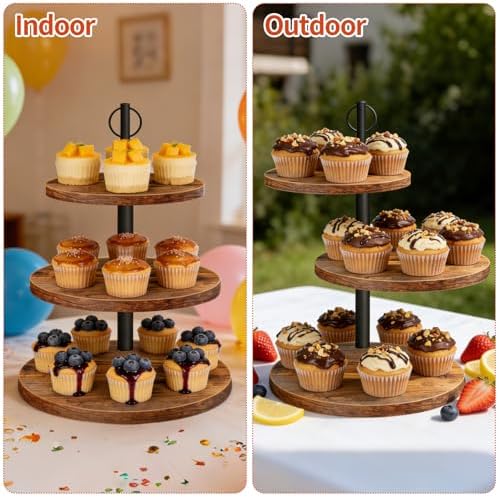 Cupcake Stand, 3 Tier Cupcake Stand Rustic Dessert Table Display Set in Wood, alternate view 4