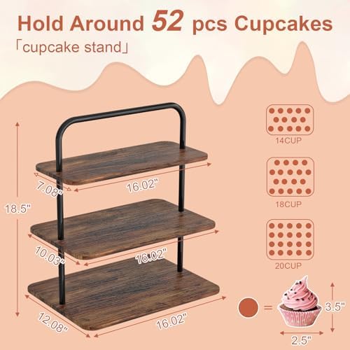 Cupcake Stand, 3-Tier Dessert Stand for 52 Cupcakes, Wood & Metal Tower Display Premium Holder Dessert Tree, alternate view 2