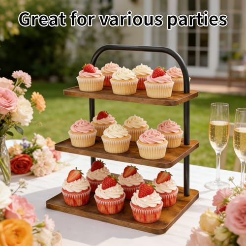 Cupcake Stand, 3 Tier Large Cupcake Stand Rustic Stepped Cupcake Display Stand Square Wood Dessert Table Display, alternate