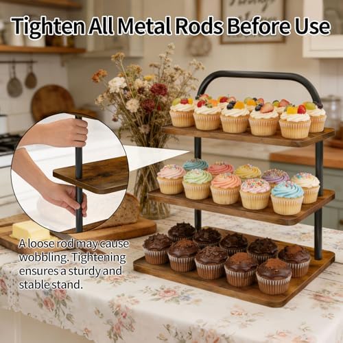 Cupcake Stand, 3 Tier Large Cupcake Stand Rustic Stepped Cupcake Display Stand Square Wood Dessert Table Display, alternate