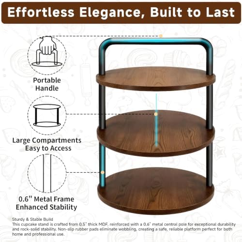 Cupcake Stand, 3 Tier Large Rustic Wooden Cupcake Tower for 50 Cupcakes in Rustic 2Pack, alternate view 6