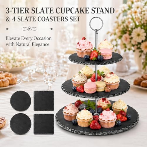 Cupcake Stand, 3 Tier Slate Cupcake Tower for Tea Party/Birthday/Wedding, Heat Resistant Cup Cake Tower Stand, alternate view