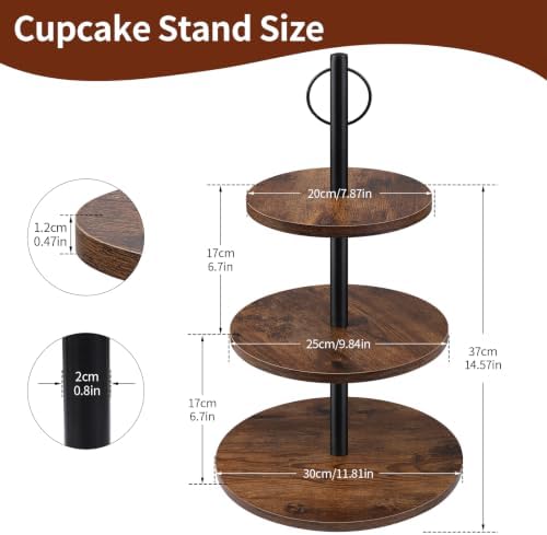 Cupcake Stand, 3 Tier Wood Cake Stands Rustic Cupcake Tower, Round Tiered Tray Stand for Dessert Table Display, alternate