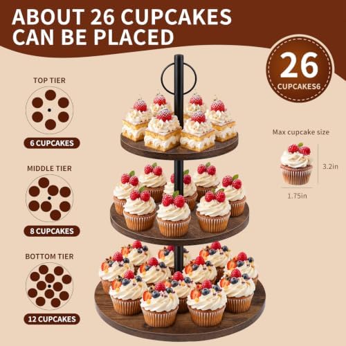 Cupcake Stand, 3 Tier Wood Cake Stands Rustic Cupcake Tower, Round Tiered Tray Stand for Dessert Table Display, alternate