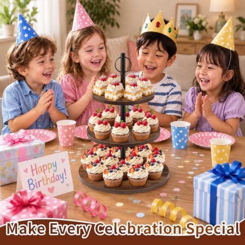 Cupcake Stand, 3 Tier Wood Cake Stands Rustic Cupcake Tower, Round Tiered Tray Stand for Dessert Table Display, alternate