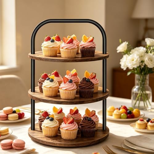 Cupcake Stand, 3 Tier Wooden Cake Stand for 24 Cupcakes in Brown, alternate view 2