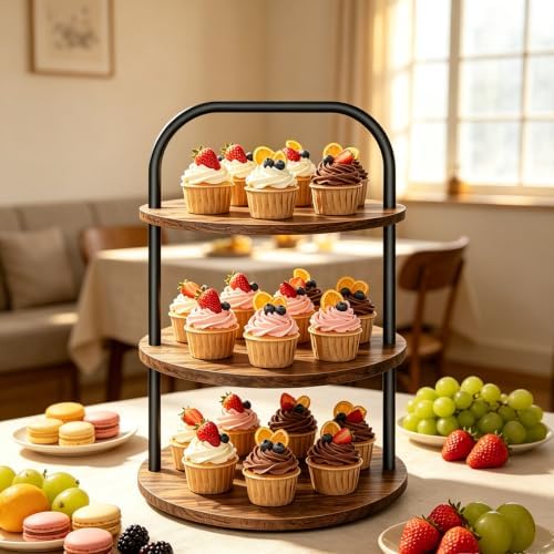 Cupcake Stand, 3 Tier Wooden Cake Stand for 24 Cupcakes in Brown, alternate view 6
