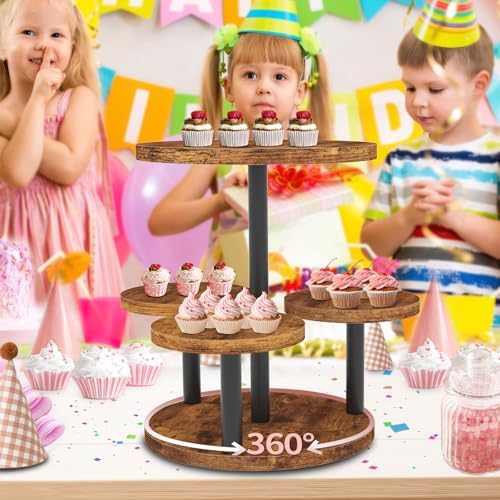 Cupcake Stand, 360° Rotating Industrial Wood Cupcake Tower Stand, 2 Pack in Black, alternate view 5
