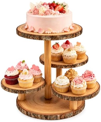 Cupcake Stand 4-Tier Natural Wooden Dessert Display Stand in Brown