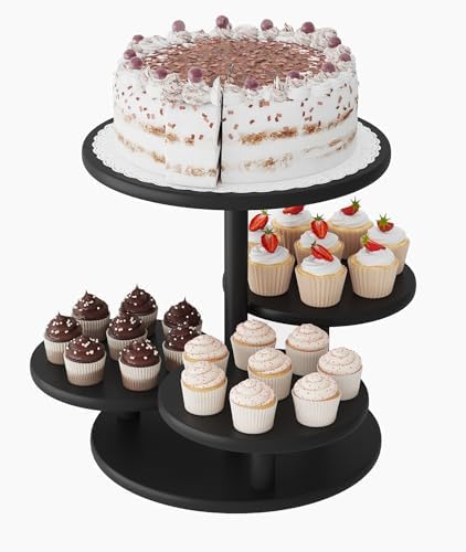 Cupcake Stand, 4 Tier Round Bamboo Wood Black Cupcake Tower Stand for 50 Cupcakes, Tiered Serving Trays, Wood