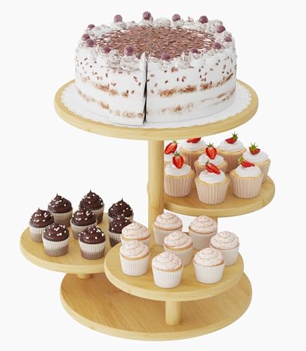 Cupcake Stand, 4 Tier Round Bamboo Wood Cupcake Tower Stand for 50 Cupcakes, Tiered Serving Trays, Wood Cake and